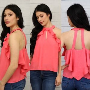 Cascade ruffle blouse, vibrant coral NWT!